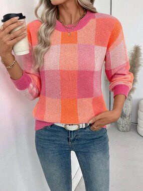 Hot Pink Casual Women's Christmas Plaid Crew Neck Loose Sweater